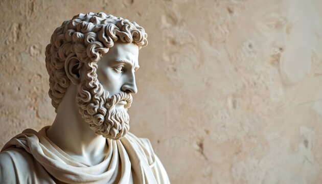 Close up of marble sculpture of ancient Greek philosopher. Male bust shows bearded man with curly hair, classic toga style. Head looks right against beige textured wall. Artwork represents timeless
