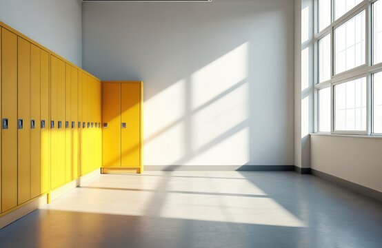 Empty bright yellow lockers in modern clean room interior. Sunlight streams through large windows, creating striking geometric shadows on light floor, white wall. Versatile facility provides