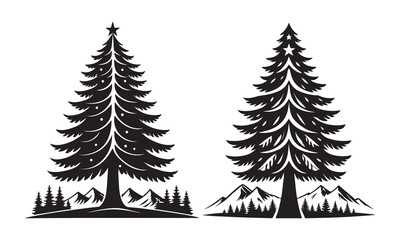 Stylized christmas tree and mountain silhouettes vector graphic
