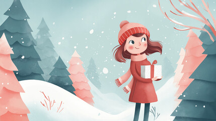cheerful girl holding a gift in a whimsical snowy winter forest scene