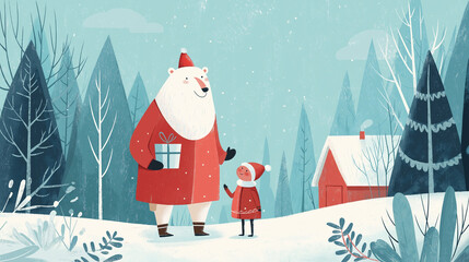 cheerful girl and a gentle polar bear stand together in a stylized snowy forest, both dressed in warm red winter clothing and holding gifts. the charming illustration captures a magical festive moment