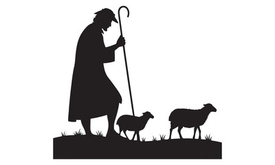 Shepherd with staff and two sheep silhouette walking on grass
