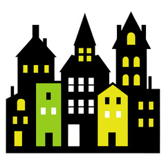 Obraz premium Silhouette buildings with glowing windows at night on transparent background