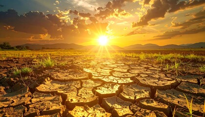 Cracked earth foreground, sunburst sky, distant mountains. Yellow, brown, and blue. Hopeful and yet foreboding