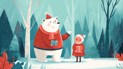 cheerful girl and a gentle polar bear stand together in a stylized snowy forest, both dressed in warm red winter clothing and holding gifts. the charming illustration captures a magical festive moment