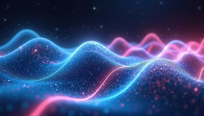 Digital waves of glowing blue, pink particles form abstract landscape. Neon light lines flow across undulating tech surface, representing data, energy, AI, future connectivity. Modern information