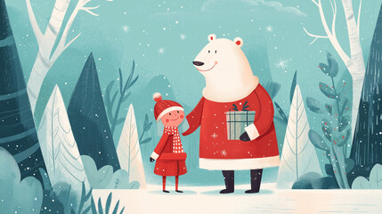cheerful girl and a gentle polar bear stand together in a stylized snowy forest, both dressed in warm red winter clothing and holding gifts. the charming illustration captures a magical festive moment