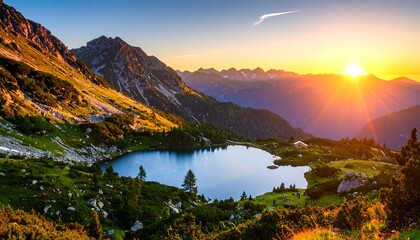 Serene mountain lake reflects golden sunrise amidst peaks and lush greenery