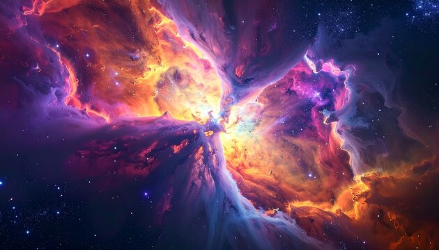 Vivid nebula in deep space explodes with color, revealing bright stars and cosmic gas clouds