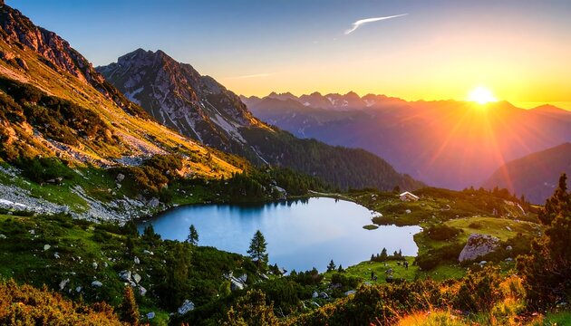 Serene mountain lake reflects golden sunrise amidst peaks and lush greenery