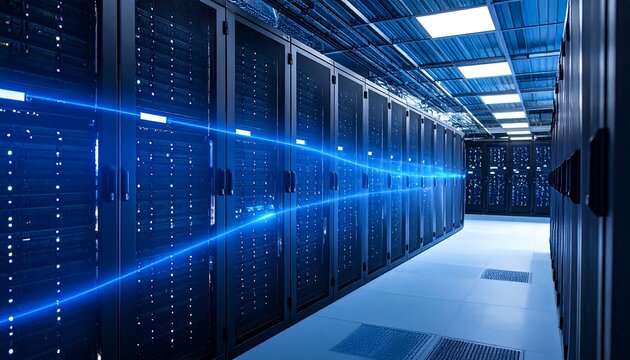 Rows of dark servers in a data center, glowing blue streaks crossing in front