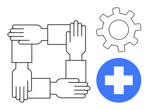 Four hands forming a square symbolizing unity and support, alongside a gear suggesting efficiency, and a blue medical cross for health. Ideal for themes of teamwork, healthcare, collaboration