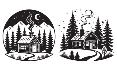 Cozy log cabins nestled in forest with pine trees and night sky
