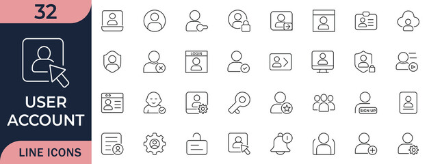 This user account line icon set.Includes profile, login, settings, ID, access, and account management symbols, ideal for apps, dashboards, web UI, and digital interfaces.