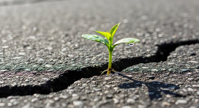Young plant growing through crack in pavement concept of hope and new life