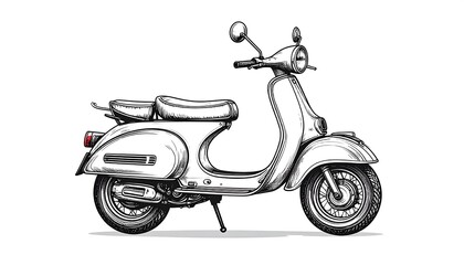 Sketched vintage scooter, side view, in black and white with detailed shading on a white background