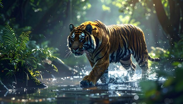 Striking tiger wading through shallow water amidst lush green jungle with dappled sunlight