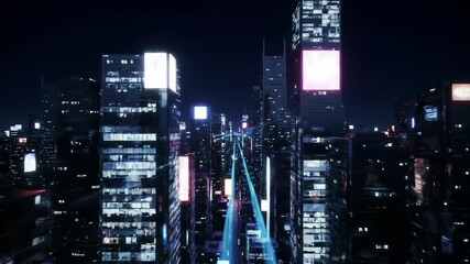 A nighttime cityscape featuring illuminated skyscrapers and futuristic vehicles traversing through a dense urban landscape - Powered by Adobe