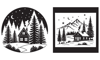 Cozy winter cabin in a snowy pine forest with stars and moon
