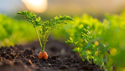Small carrot sprout with green leaves growing in dark soil, bright green carrot field blurred in the background