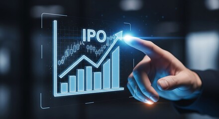 Exciting IPO launch showing exponential growth with hand gesture on interactive screen, perfect for financial success and investment opportunities