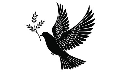 Black dove flying with olive branch, symbol of peace and hope
