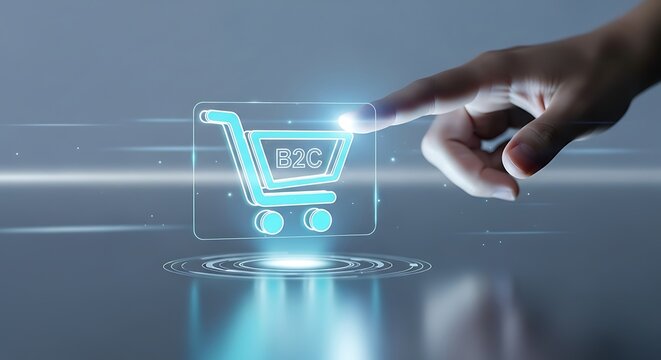 Boost business with B2C marketing strategies and digital tools for success, reaching customers online with shopping cart icon and hand, modern ecommerce - Powered by Adobe