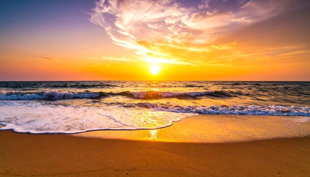 Sunset over ocean with waves lapping sandy shore, vibrant oranges and purples painting the sky