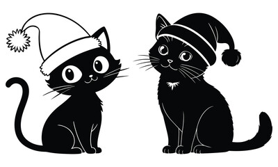 Cute cartoon black cats in santa hats for christmas holiday design
