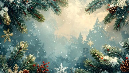 Snowy fir branches, red berries, and snowflakes frame a hazy forest backdrop; festive, wintry, and painterly aesthetic