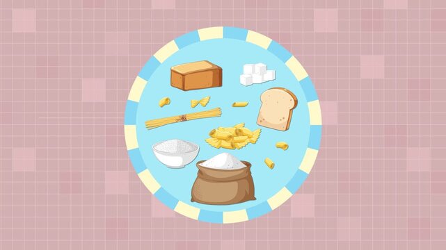 Assorted Carbohydrate Foods Animated on Pink Background