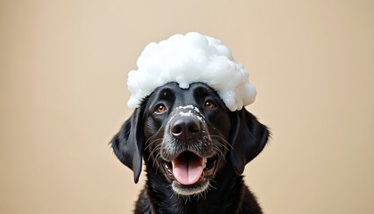 Happy black Labrador dog enjoys bath time. Fluffy canine white soap foam bubbles on head, on nose. Pet smiles, looks excited during grooming session. Light beige studio background shows pet hygiene
