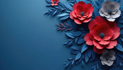 Paper flowers and leaves arranged on dark blue background. Red and grey blooms create elegant floral border. Simple flat design for greeting card, invitation, or decor.