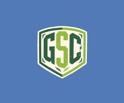 Retro GSC Initial Emblem.Vintage Sport Shield Logo.Distressed Team Badge Design.Bold Monogram Crest Vector.Green Letter GSC Insignia