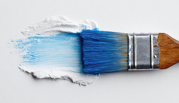 Vibrant photo of paint brush with blue and white paint
