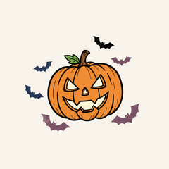 Spooky Jack O Lantern Design.Vintage Halloween Pumpkin Card.Hand Drawn Jack O Lantern.Retro Pumpkin and Bats Graphic.Creepy Carved Halloween Gourd
