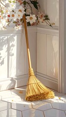 A broom leans against a corner with white floral branches above. Tile flooring, sunlight, and a clean aesthetic
