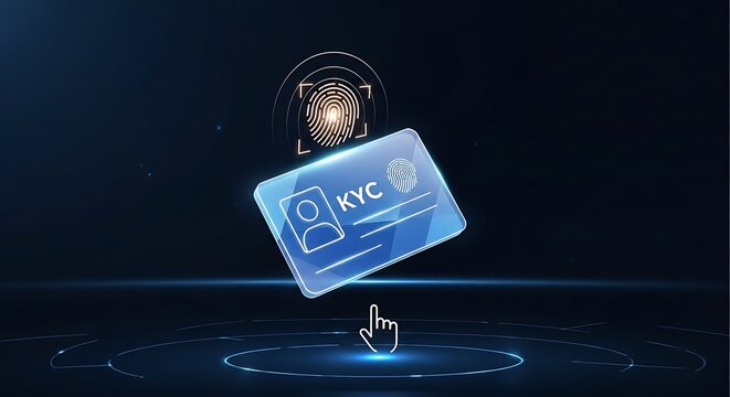 Streamlined KYC verification process with secure fingerprint scan for customer identification and seamless digital banking experience in futuristic design - Powered by Adobe