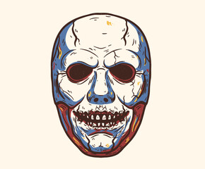 Grinning Horror Mask Vector.Distressed Skull Face Art.Retro Scary Mask Graphic.Creepy Halloween Illustration.Vintage Thriller Head Design