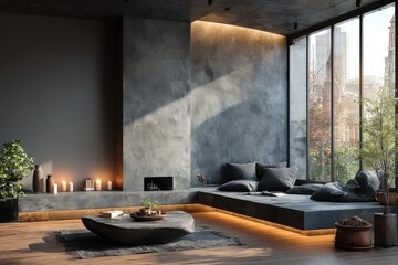 Minimalist modern living room with concrete wall, large windows, and cozy sunlit seating