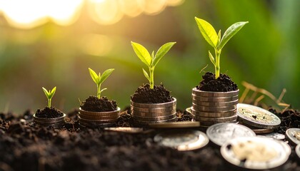 Seedlings grow from stacks of coins symbolizing financial growth against a blurred, vibrant green background