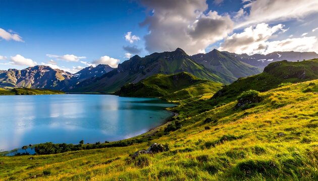 Scenic landscape of a blue lake surrounded by green hills and towering mountains under a bright sky with clouds