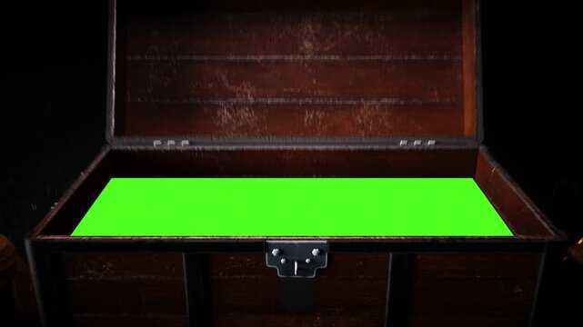 Open Wooden Treasure Chest with Green Screen, Gold Coins Scattered on Dark Surface, Creating Mystery and Adventure in Box Against Brick Wall with Torches