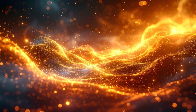 Golden shimmering particles form a flowing wave against a blurred deep blue background, creating an ethereal and dynamic scene