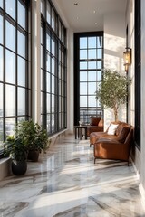 Obraz premium Modern balcony lounge with floor-to-ceiling windows, brown leather sofa, and city view