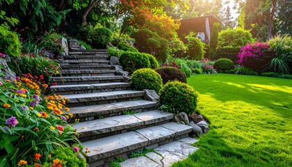 Stone steps in a vibrant garden, abundant with colorful flowers and lush greenery under a sunny sky, leading upwards