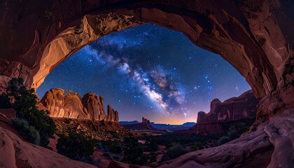 Milky Way visible through a desert arch, with red rock formations and sparse vegetation under a starry night sky