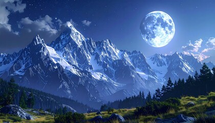 Snowy mountain range under a glowing full moon in a twilight sky, with grassy plains and trees in the foreground