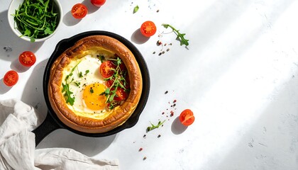 Sunny, top-down view of baked egg dish in pan with tomatoes and greens, light grey background with a cloth