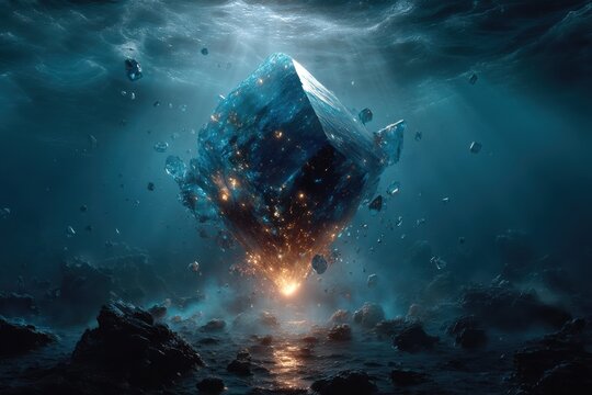 Mysterious blue crystal hovering in the deep ocean, glowing light and floating debris